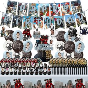Skibidi Toilet Party Supplies, Skibidi Toilet Birthday Decorations with Birthday Banner,Tablecloth,Hanging Swirls,Cake Topper,Plates,Forks,Spoons Toppers,Balloon Game Tableware Set for Boy Girl in Saudi Arabia