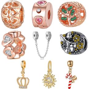 9 Pack Plated Silver Spacer Beads European Charms fit Pandora Bracelet CZ Enamel Pendant Safety Chain Set Gold Heart in Saudi Arabia