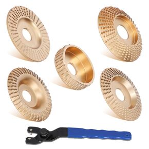 5PCS Wood Carving Disc Set for 4" or 4 1/2" Angle Grinder with Wrench, Stump Tool Grinding Wheel Disc with 7/8" Bore, Woodworking Sanding Disc Wheel Attachments for Cutting Shaping Carving Polishing
