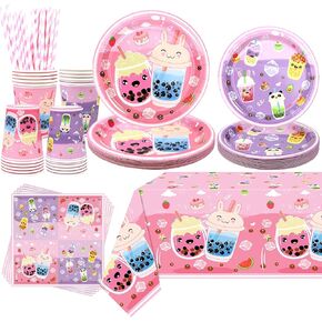 Bubble Tea Party Decorations, Milk Tea Party Supplies Includes Plates, Cups, Tissues, Tablecloth, Straws for Girls Birthday Party Decorations (20)