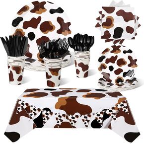 Tioncy 171 Pcs Cow Birthday Party Supplies Brown Includes Banner Paper Plates Cups Napkins Cutlery Tablecloth, Cow Theme Print Party Supplies Decorations for Cow Farm Theme Party Christmas