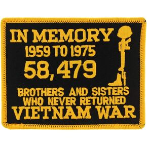 United States Military in Memory 58,479 Brothers and Sisters Who Never Returned Vietnam 4" Embroidered Patch, with Iron-On Adhesive (Red and Black)