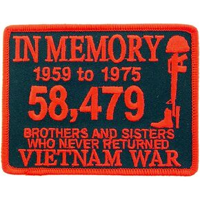United States Military in Memory 58,479 Brothers and Sisters Who Never Returned Vietnam 4" Embroidered Patch, with Iron-On Adhesive (Red and Black)