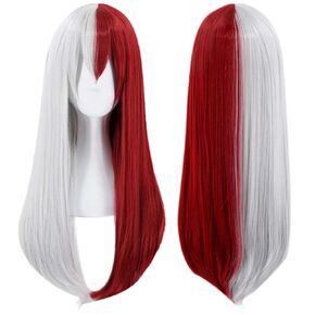 JoneTing Half Silver Half Red Wig【+Wig Cap】 Red And White Wig Cosplay Costume Synthetic Wig Long Half Red and Half White Wig for Women Peluca Roja Degradada Long Straight Wig for Halloween