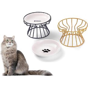 طقم أوعية مرتفعة للقطط مكونة من قطعتين من أوعية طعام القطط المرتفعة من السيراميك الضحلة، طبق للقطط مضاد للقيء مع حامل معدني للحيوانات الأليفة أو محطة تغذية الطعام للقطط والجراء والكلاب (أسود، ذهبي) in Kuwait