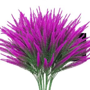 8 Bundles Artificial Lavender Fake Flowers Outdoor UV Resistant Plants Plastic Shrubs Hanging Flowerpot Indoor Outside Windows Decor (Fuchsia)