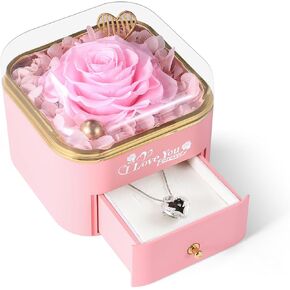 Preserved Rose & Heart-Shaped Necklace with Jewelry Box - Preserved Rose, Ideal Romantic Gift for Women, Anniversary, Valentines, Mother’s Day Gifts, 4.9"x4.5"x4.1"