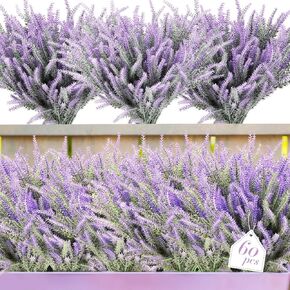 XunYee 60 Bundles Artificial Lavender Flowers UV Resistant Faux Plastic Flowers Faux Flowers Lavender Plants for Outdoor Garden Patio Window Box Office Table Centerpiece Indoor Decoration (Purple)