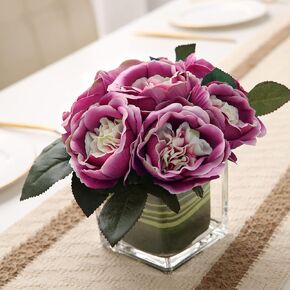 Artificial Peony Silk Flower Centerpieces Faux Floral Arrangement in Glass Vase for Home Wedding Table Decoration (Champagne)