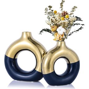 Off White Circle Vase with Hole, Ceramic White Vases Home Decor, Modern Minimalist Dining Table Centerpiece, Donut Beige White Vase for Shelf - for Pampas Grass Mantel Coffee Table Decorative