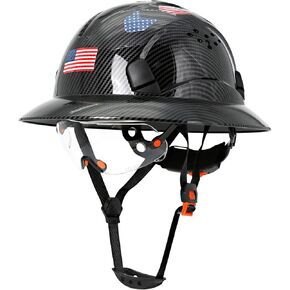 Carbon Fiber Pattern Full Brim Hard Hat with Visor-OSHA Approved Construction Safety Helmet for Men Women,ANSI Z89.1 Vented Reflective Hardhat with Hard Hat Chin Strap,6-Point Suspension