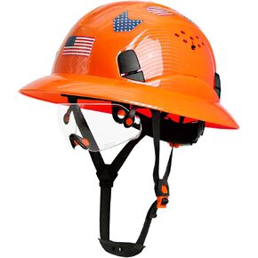 Carbon Fiber Pattern Full Brim Hard Hat with Visor-OSHA Approved Construction Safety Helmet for Men Women,ANSI Z89.1 Vented Reflective Hardhat with Hard Hat Chin Strap,6-Point Suspension