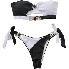 Women's 2 Piece Swimsuit Strapless Bandeau Rhinestone Bikini Set Hollow Out Bathing Suit