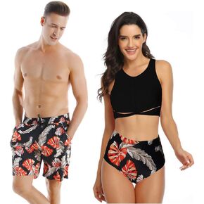 Swimsuit for Couples Matching Swimwear Tropical Plant Monstera Men Swim Trunks Women Bikini 2-Piece Suit