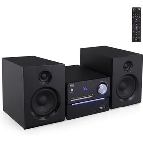 Pyle CD/DVD P.M.P.O Stereo System, 3-pc Wireless BT Streaming 6 Ohm Two-Way Wooden Speaker Box and Subwoofer, Digital Amplifier IC with MP3, USB, FM Radio, Bass Reflex Speaker