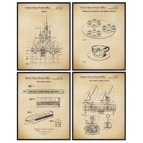 Rides Patent Art Prints - Vintage Wall Art Poster Set - Chic Rustic Home Decor for Boys, Girls, Teens, Kids Room - Gift for Mickey Fans, 8x10 Photos Unframed
