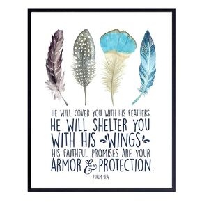 Christianity Bible Verse Art Print LARGE 11x14 - Psalm 91 - He Will Cover You With His Feathers - Religious Scripture Wall Decor for Women - Inspirational Christian Gift - spiritual Bedroom Decoration
