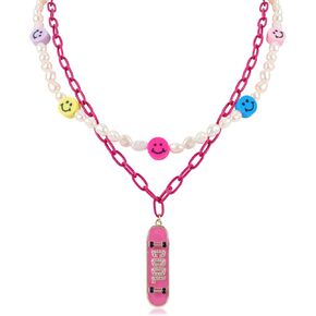 Y2k Necklace for Women Double Layer Pink Skateboard Pendant Necklace with Smiley Face and Pearl for Teen Girls Charm Necklace for Cool Girls Unique Accessories Y2k Jewelry Accessories