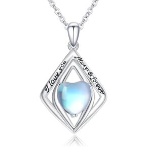 I Love You to The Moon and Back Necklace S925 Sterling Sliver Love Heart Moonstone Pendant Necklace Moonstone Jewelry Anniversary Mother's Day Gifts for Mother Girlfriend Wife