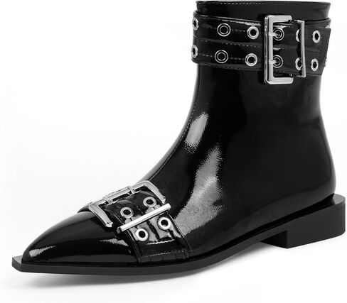 Women's Goth Pointed Toe Ankle Boots Flat Buckle Strap Booties in Saudi Arabia