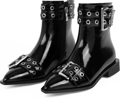 Women's Goth Pointed Toe Ankle Boots Flat Buckle Strap Booties in Saudi Arabia