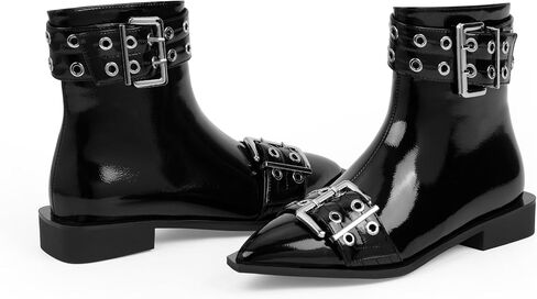 Women's Goth Pointed Toe Ankle Boots Flat Buckle Strap Booties in Saudi Arabia