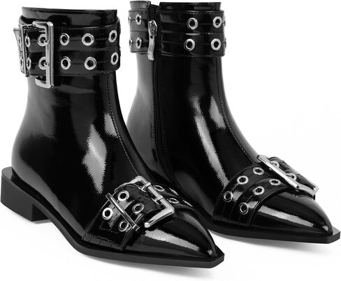 Women's Goth Pointed Toe Ankle Boots Flat Buckle Strap Booties in Saudi Arabia