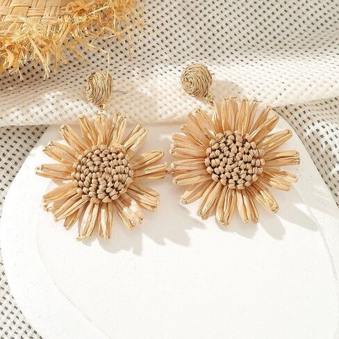 Rattan Earrings for Women Boho Raffia Earrings Summer Earrings Flower Satement Earrings Hawaii Drop Earrings Summer Beach Vacation Outfits Accessories Jewelry Gifts for Women in Saudi Arabia