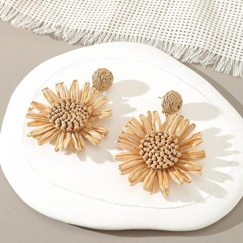 Rattan Earrings for Women Boho Raffia Earrings Summer Earrings Flower Satement Earrings Hawaii Drop Earrings Summer Beach Vacation Outfits Accessories Jewelry Gifts for Women in Saudi Arabia