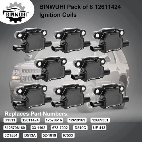 مجموعة من 8 ملفات إشعال متوافقة مع محرك Chevy Silverado Avalanche Tahoe Trailblazer GMC Sierra Yukon Cadillac Escalade 5.3L 6.0L V8 استبدال المحرك OE# C1511 D510C 12611424 12570616 in Kuwait