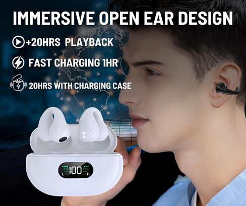 Cordless Earphones with Microphone and Adjustable Equalizer, Wireless Earbuds Bluetooth Headphones 20H Playtime Stereo LED Power Display for All Types of Devices (white) in Saudi Arabia