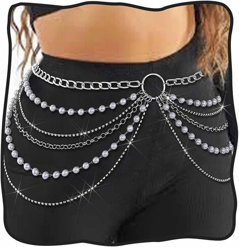 DRESBE Layered Pearl Waist Chain Silver Beads Belly Chains Sparkly Body Accessories for Women in Saudi Arabia