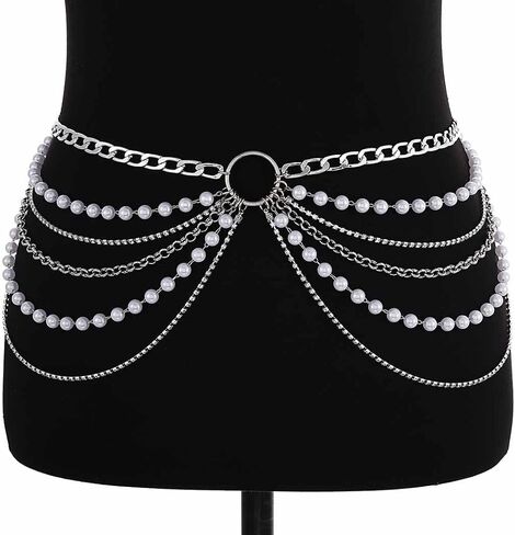 DRESBE Layered Pearl Waist Chain Silver Beads Belly Chains Sparkly Body Accessories for Women in Saudi Arabia