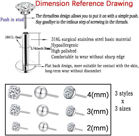 9pcs Threadless Push in Nose Rings Studs for Multiple Piercing,316L Surgical Stainless Steel Lip Rings Studs Labret Jewelry Cartilage Tragus Helix Earrings Studs Monroe Medusa Piercing Jewelry for Women Men in Kuwait