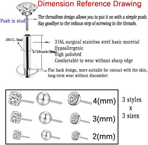 9pcs Threadless Push in Nose Rings Studs for Multiple Piercing,316L Surgical Stainless Steel Lip Rings Studs Labret Jewelry Cartilage Tragus Helix Earrings Studs Monroe Medusa Piercing Jewelry for Women Men in Kuwait