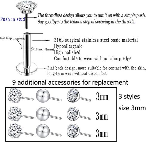9pcs Threadless Push in Nose Rings Studs for Multiple Piercing,316L Surgical Stainless Steel Lip Rings Studs Labret Jewelry Cartilage Tragus Helix Earrings Studs Monroe Medusa Piercing Jewelry for Women Men in Kuwait