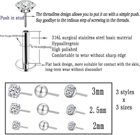 9pcs Threadless Push in Nose Rings Studs for Multiple Piercing,316L Surgical Stainless Steel Lip Rings Studs Labret Jewelry Cartilage Tragus Helix Earrings Studs Monroe Medusa Piercing Jewelry for Women Men in Kuwait