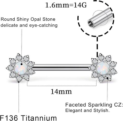 14G Astm F136 Titanium Nipple Piercing Jewelry Shiny CZ Multicolor Opal Nipple Barbell Jewelry Internally Threaded G23 Solid Nipple Piercing Barbell Ring Jewelry for Women Men 14 Gauge in Saudi Arabia