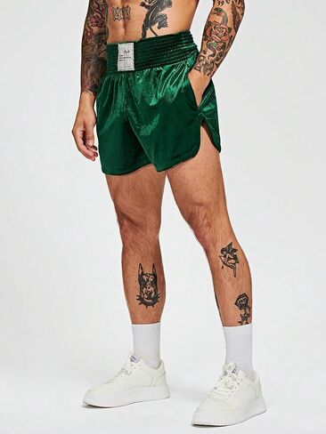 Floerns Men's Letter Patched Elastic Waist Side Split Shirred Track Shorts in Saudi Arabia