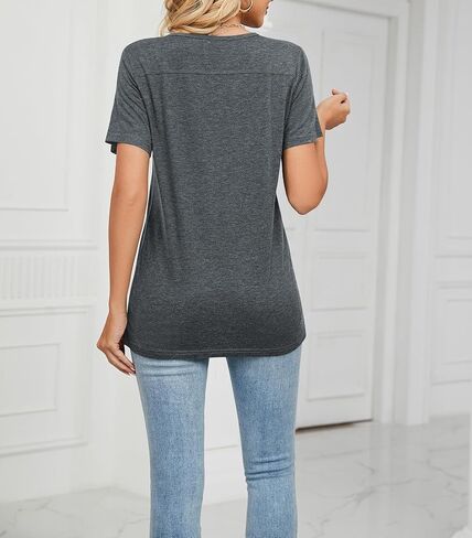 Women's Button Down V Neck T Shirts Short Sleeve Tunic Shirts Basic Tee Casual Knit Tops in Saudi Arabia