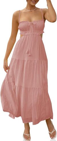 Fisoew Women's Spaghetti Strap Maxi Dress Summer Sleeveless Side Cut Out Dress Casual Boho Backless Flowy Long Dresses in Saudi Arabia