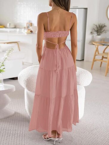 Fisoew Women's Spaghetti Strap Maxi Dress Summer Sleeveless Side Cut Out Dress Casual Boho Backless Flowy Long Dresses in Saudi Arabia