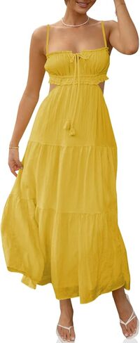 Fisoew Women's Spaghetti Strap Maxi Dress Summer Sleeveless Side Cut Out Dress Casual Boho Backless Flowy Long Dresses in Saudi Arabia
