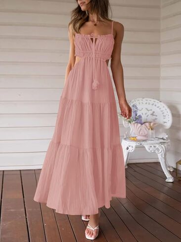 Fisoew Women's Spaghetti Strap Maxi Dress Summer Sleeveless Side Cut Out Dress Casual Boho Backless Flowy Long Dresses in Saudi Arabia