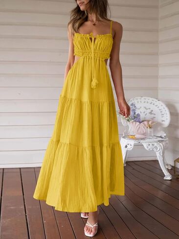Fisoew Women's Spaghetti Strap Maxi Dress Summer Sleeveless Side Cut Out Dress Casual Boho Backless Flowy Long Dresses in Saudi Arabia