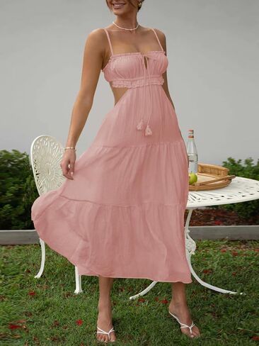 Fisoew Women's Spaghetti Strap Maxi Dress Summer Sleeveless Side Cut Out Dress Casual Boho Backless Flowy Long Dresses in Saudi Arabia
