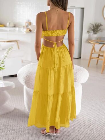 Fisoew Women's Spaghetti Strap Maxi Dress Summer Sleeveless Side Cut Out Dress Casual Boho Backless Flowy Long Dresses in Saudi Arabia
