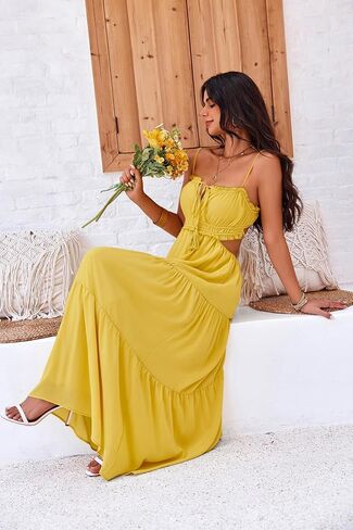Fisoew Women's Spaghetti Strap Maxi Dress Summer Sleeveless Side Cut Out Dress Casual Boho Backless Flowy Long Dresses in Saudi Arabia