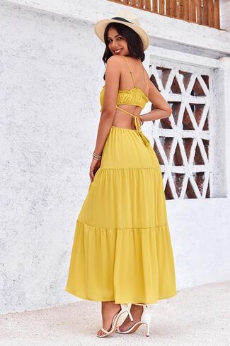 Fisoew Women's Spaghetti Strap Maxi Dress Summer Sleeveless Side Cut Out Dress Casual Boho Backless Flowy Long Dresses in Saudi Arabia