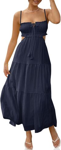 Fisoew Women's Spaghetti Strap Maxi Dress Summer Sleeveless Side Cut Out Dress Casual Boho Backless Flowy Long Dresses in Saudi Arabia